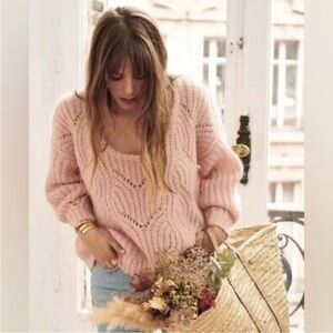 Sezane Pull Simone Pink Size XS Wool Open Knit pullover sweater
